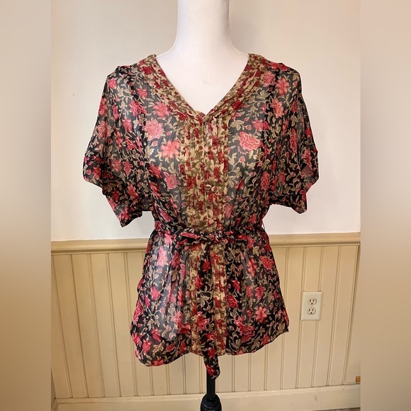 Converse One Star Y2K Boho Floral Multicolor Sheer Ruffle  Blouse Women Sz XS - Picture 1 of 9